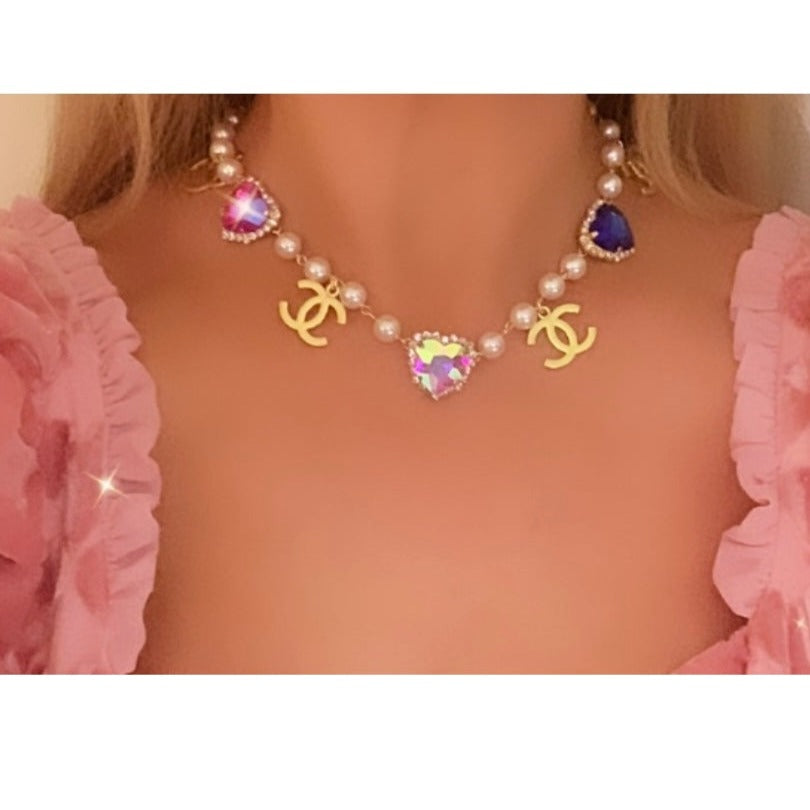 Designer CC Paris Button & Gold Bead Bracelet, Pink