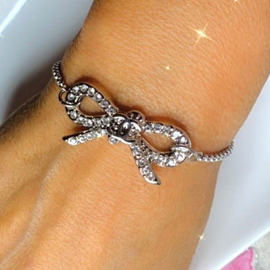 The Crystal Bow Bracelet In Silver-One Size Fits All